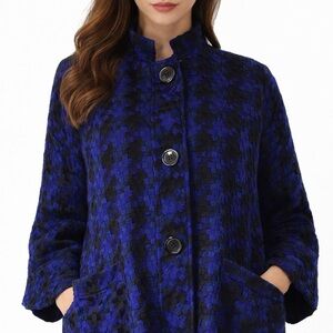Coldwater Creek Blue & Black Basketweave Houndstooth Check Plaid Swing Jacket
